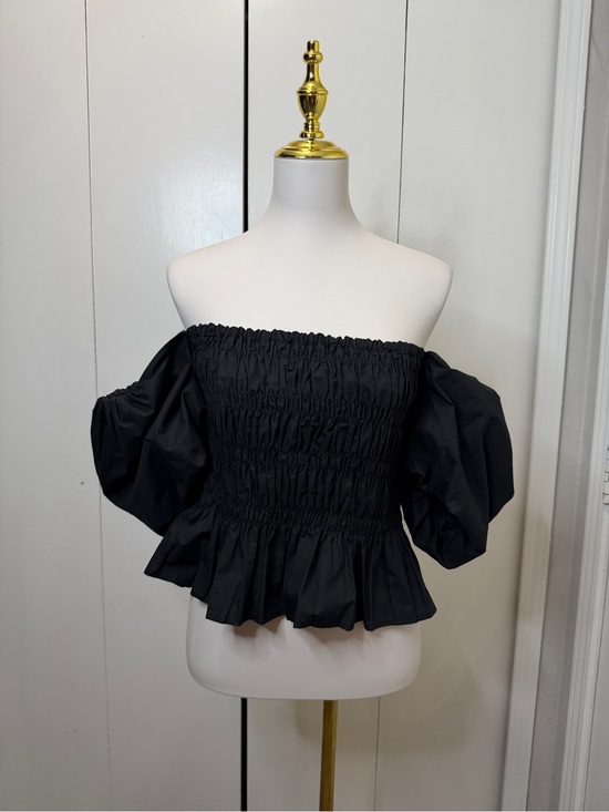 Astr Tops - Astr Black Smocked Off-Shoulder Puff Sleeve Peplum Top